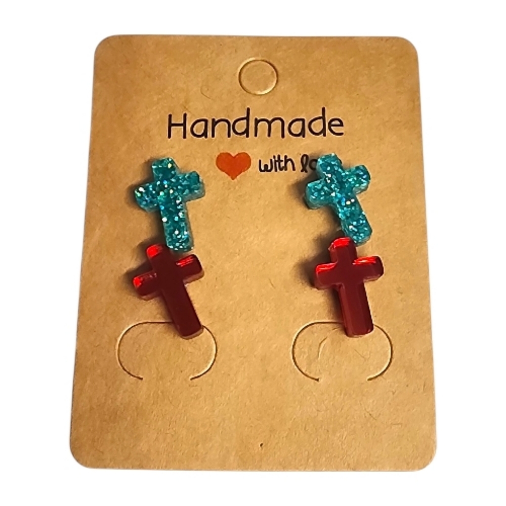 Teal & Ruby Spark Cross Acrylic Stud Earrings - 2 Pair